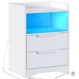 Brinlawb Nachttisch mit Steckdose und LED-Beleuchtung (2 AC-Steckdosen & 2 USB-Anschlüsse) Nachtschrank mit 2 Schubladen und 1 offenes Fach Beistelltisch Sofatisch für Wohnzimmer, Schlafzimmer, Weiß