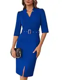 GRACE KARIN Damen Sommerkleid Elegant 3/4 Ärmel Slim Fit Midikleid Fashion V-Ausschnitt Business Cocktailkleid Königsblau M