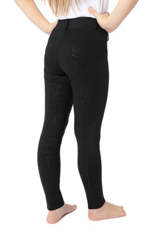 HORZE Kinder Reitleggings DEA, Reithose Mädchen, Gürtelschlaufen, Vollbesatz, Handytasche, Schwarz, 134/140