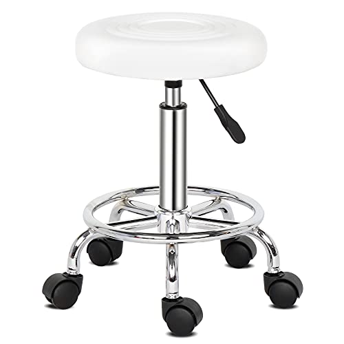 Bürohocker mit Rollen, professionell, 360 ° drehbar, Rollstuhl, Massagesalon, Küche, Büro, höhenverstellbar, für Klinik, Pub, Nähen, Maler, Schminktisch, Klavier, Weiß