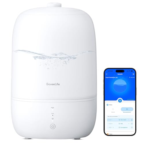 GoveeLife Smart Ultraschall Luftbefeuchter Schlafzimmer, 3L Top-Fill Humidifier mit Air Diffusor & Nachlicht bis zu 25H, 24dB Leise Klein Raumluftbefeuchter Baby, Kinderzimmer, Pflanzen, Growbox, Büro