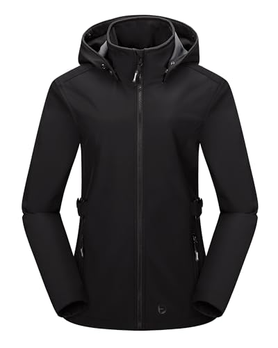 Outdoor Ventures Damen Softshelljacke Kurze Gefütterte Wasserdichte Übergangsjacke mit Abnehmbarer Kapuze Regenjacke Funktionsjacke Outdoor Regenmantel für Wandern Laufen Sporten Schwarz M