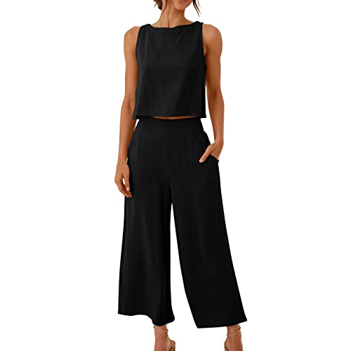AACH Damen Zweiteilige Outfits Leinen Freizeitanzug Sommer Tank Top und Hose 2 Teiler Hosenanzug Casual Einfarbig Jogginganzug Elegant Leicht Loungewear mit Taschen Strand Leinenanzug