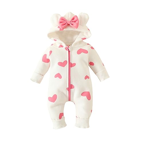 Yassiglia Baby Strampler Neugeborene Herbst Winter Overall Kleinkind Tierkostüm Jumpsuit mit Kapuze Langarm Bodysuit für Baby Mädchen Jungen Kuschelig (Rosa Weiß Herz, 0-3 Months)
