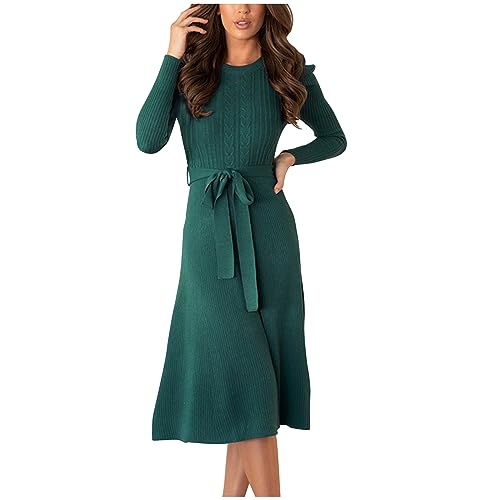 Damen Strickkleid Winter Langarm Pulloverkleider Knielang Elegant Wickelkleid Lässiges Einfarbig Winterkleid mit Gürtel Midikleid Warm A Linie Kleid Weich Bequem Rockabilly Kleider