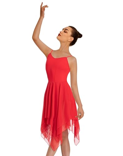 Mulnall Damen Modern Lyrisches Kleid Camisole Tanz Kostüm Ballett Asymmetrisch High-Low Mesh Rock Ärmellose Leotard Gymnastik Tanzbekleidung Latein Rumba Tango Kleid Ballsaal(UK23913-04-S)