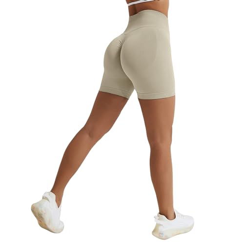 Vertvie Damen Gym Shorts Booty Scrunch High Wasit Sport Shorts Nahtlose Sporthose Kurz Leggings Workout Shorts Push Up Radlershorts Fitness Laufen(Khaki,S)