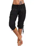 Tomwell Damen 3/4 Caprihose Bermuda Sommerhose Knielang Freizeithose Jogginghose Shorts Lässige Sporthose Kurze Hose Trainingshose Yogahose Strumpfhose für Sport Fitness W Schwarz 3XL