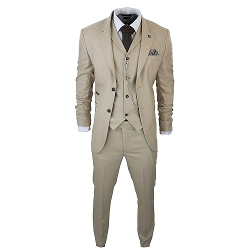 TruClothing.com Herren 3 Teilig Anzug Prinz von Wales Karo Creme Beige Vintage Hochzeit - Creme 60