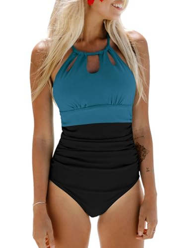 CUPSHE Damen Badeanzug High Neck Bauchweg Raffungen Strandmode Schlüsselloch Farbblock Einteilige Bademode Swimsuit Blaugrün/Schwarz M