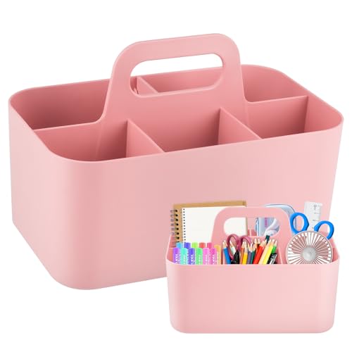 WuGU Korb Organizer mit Griff, Mehrzweck Kunststoffkorb mit 5 Fächer, Abnehmbare Reinigungskorb, Tragbarer Bastelkorb, Schreibtischkorb, Stapelbarer Aufbewahrung für Kunst, Make-up, Bürobedarf (Rosa)