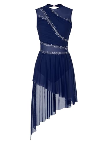 Miutii Damen Eiskunstlauf Kleid Ärmellos Glitzer Ballettkleid mit Asymmetrisch Rock Lyrisch Tanzkleid Modern Contemporary Tanzkleidung Marine Blau S