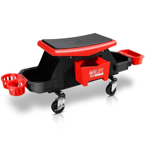 CCLIFE Werkstatthocker Rollhocker Werkstatt Rollsitz, 970 x 310 x 350 mm, 180 kg, mit Aufbewahrungsbox und Paletten, mobil, Räder feststellbar
