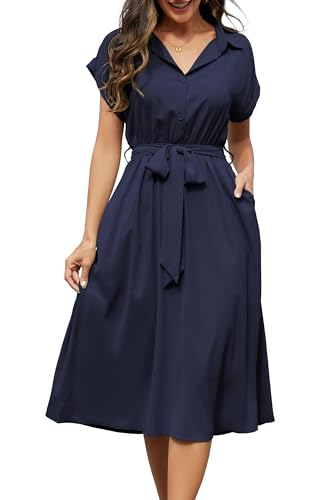 Cassiecy Sommerkleid Damen Knielang Kurzarm Blusenkleid Elegant V-Ausschnitt Midikleid Casual Wickelkleid Strandkleid mit Taschen（ Marineblau,XL）