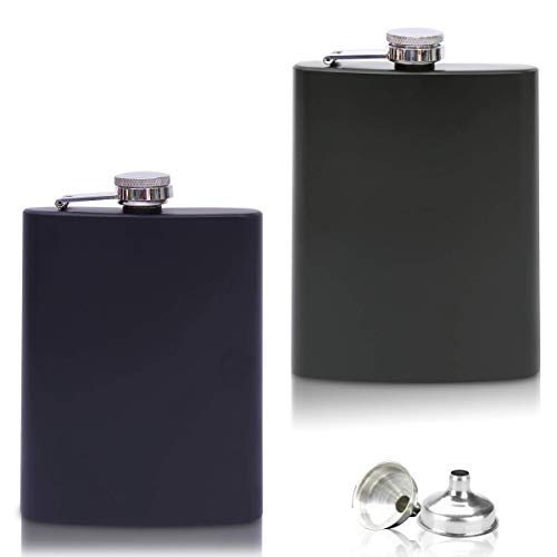 2x Edelstahl Flachmann mit Trichter im Set - 8oz. 227 ml - rostfrei - in Matt-Schwarz und Matt-Grün - edles Militär Design - für Schnaps und Alkohol jeder Art (2er Set)
