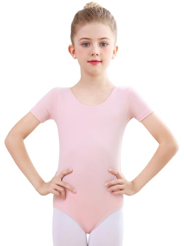 Monbessi Ballettanzug Mädchen Kurzarm - (Gr.100-150) - Tanzbody Gymnastikanzug, Baumwolle Ballettbody Kinder Ballett Trikot (140, Rosa)