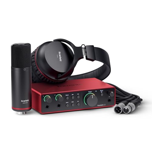 Focusrite Scarlett 2i2 Studio 4. Gen USB-Audio-Interface-Bundle für Songwriter – mit Kondensatormikrofon und Kopfhörer für Aufnahmen, Streaming und Podcasting