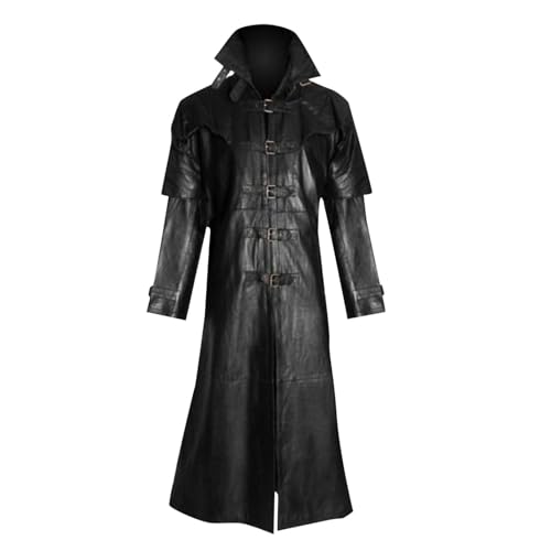 Duohropke Herren Mittelalter Ledermantel Schwarz Zweireiher Langer Mantel Steampunk Gothic Jacke Vintage Viktorianischen Cosplay Kostüm Trenchcoat Cyberpunk