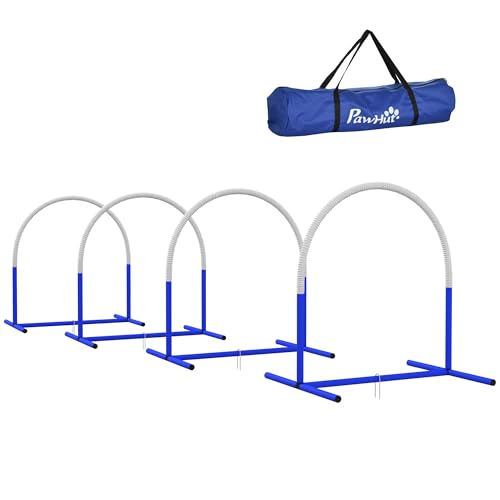 PawHut Hunde-Agility-Trainingsgeräte, Hund Agility Set, 4-teilges Steckhürdenset für ältere Hunde, Hundetrainigsset mit Tragetasche, Blau+Weiß, 88 x 64 x 95 cm