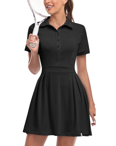 Soneven Damen Tenniskleid mit Hose Tennis Kleidung Set Ärmellos A-Linien Sportkleider Sommerkleid Golfkleid Für Sport Tennis Golf Baseball,Schwarz,M