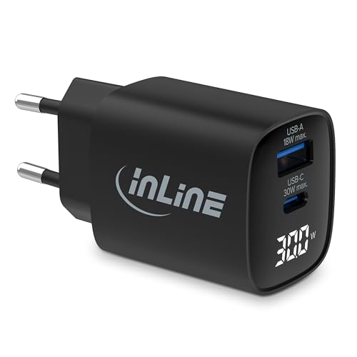 InLine USB-Ladegerät, 2-Port, digitales Display mit aktuellem Energieverbrauch, 1x USB-C + 1x USB-A, GaN, 30W, Schnellladegerät, PD3.0, QC3.0, Netzteil für iPhone/Pro/Mini, Samsung und mehr, 31550