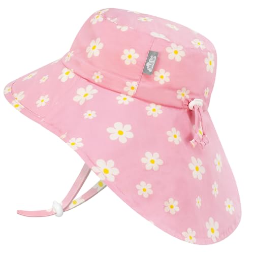 Jan & Jul Mädchen Baumwoll-Sonnenhut mit Nackenschutz, Verstellbarer Strandhut für Kleinkinder (L: 2-5 Jahre, Pink Daisy)