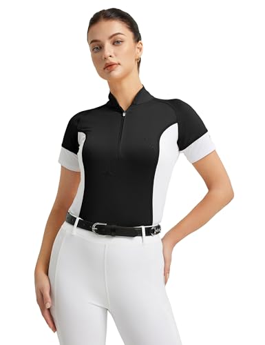 FitsT4 Sports Damen Reitshirt Kurzarm Reithemden Schnell Trocken Funktionsshirt mit Halber Reißverschluss Sommer Reitsport Mädchen Schwarz L