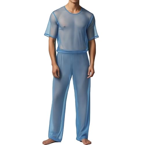 ZAIGELUO Herren Transparent Pajamas Sets Männer Durchsichtiges Sexy Mesh Lässig T Shirt Lounge Hosen Nachtwäsche XL Blau