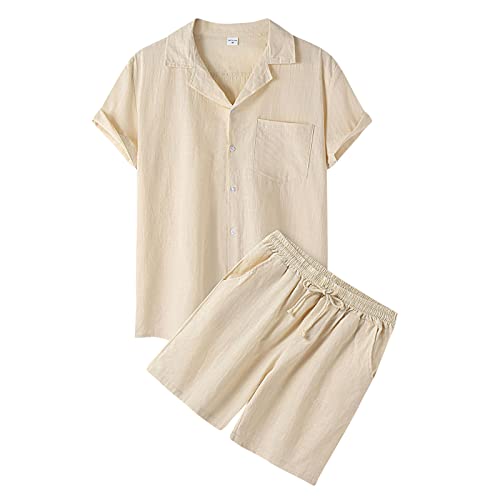 Celucke Zweiteiler Herren Leinenanzug Sommer Freizeitanzug Einfarbig 2-teilig Kurzarm Button-Up Revers Hemd und Shorts Beach Shirt Kurze Hose Set Baumwolle Leinen Anzug（Khaki,L）