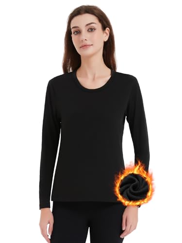 Soudittur Innenfleece Thermounterwäsche Damen Thermo Oberteil Langarm Unterhemd Winter Thermal Unterziehshirt Funktionsunterwäsche (S,Schwarz)