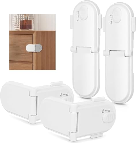REDTRON Kindersicherung Schrank mit Doppeltem Sicherheitsschalter (4 Pack, Weiß), kindersicherung kühlschrank mit 3M-Kleber, Schranksicherung Baby, Keine Werkzeuge erforderlich, Einfache Montage