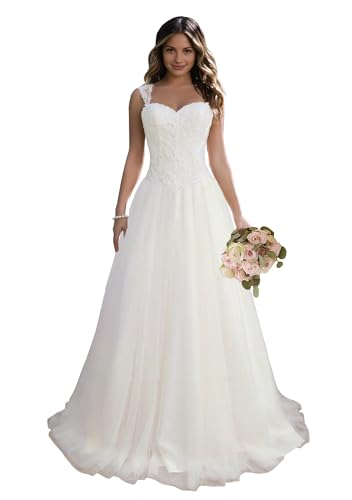 JAEDEN Brautkleid Lang Hochzeitskleider Prinzessin Brautmode Tüll A Linie Standesamtkleid Herzausschnitt Weiß 44