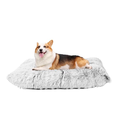 HMTOPE Hundebett, Flauschige Hundematten, Länger Plüsch Hundekissen, Waschbar, rutschfeste Unterseite, 90 cm für Mittelgroße Hunde, Hellgrau