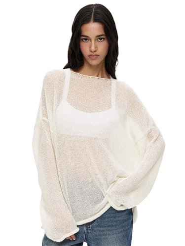 NAMLAY Damen-Sommerpullover, lockerer Schnitt, übergroß, langärmelig, durchsichtig, Netzstoff, Pullover, Tops, Urlaubs-Outfits, beige, M