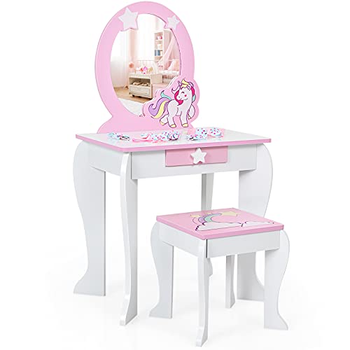 DREAMADE Kinder Schminktisch mit Hocker und Abnehmbarer Spiegel, Prinzessin Frisiertisch für Kinder, Frisierkommode mit Schublade, Kinderschminktisch für Mädchen (Weiß)