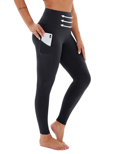 Viconow Kompressions-Leggings für Damen mit Taschen, Bauchkontrolle, hohe Taille, Übergröße, Shapewear, Yogahose (S-3XL), Schwarz, X-Groß