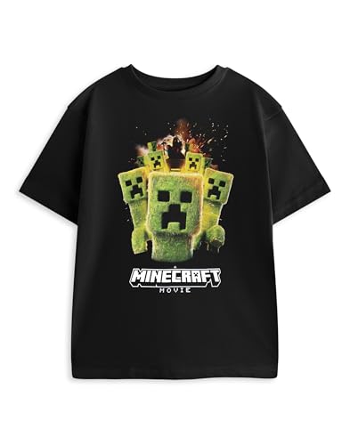Minecraft Creeper schwarzes Grafik-T-Shirt | Kurzarm-T-Shirt für Jungen | Lässige Film-Merchandise Filmthema-Bekleidung für Kinder | Oberteil mit Rundhalsausschnitt – 9–10 Jahre