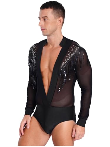 TiaoBug Herren Latein Body Langarm Hemd mit Tiefer V Ausschnitt Ballettanzug Transparent Ballett Trikot Pailletten Quaste Gymnastik Leotard Glänzend Kostüm Schwarz M