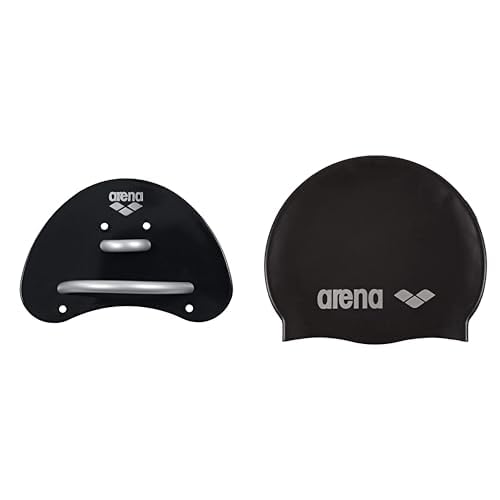 arena 95251 Unisex Schwimm Wettkampf Trainingshilfe Finger Paddle Elite für Unterarm-Krafttraining, Black-Silver (55), S & Unisex Badekappe Classic Silikon, Black-Silver (55), One Size