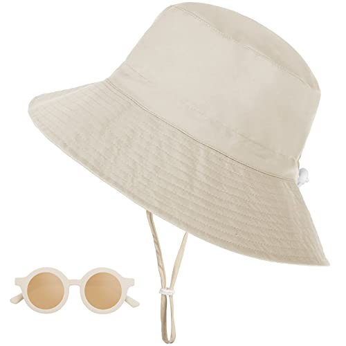 UV-Schutz UPF 50+ Sonnenhut Kinder, Breiter Krempe Nackenschutz Fischerhut Baby mit Sonnenbrille, Atmungsaktiv Bucket Hat mit Verstellbarem Kinnriemen, Strandhut für Junge, Mädchen, Beige, 2-6 Jahre