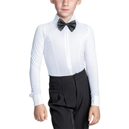 Moderner Tanzbody für Jungen, lateinamerikanisches Tanzshirt, Bodysuit, Turnanzug, Salsa, Tango, Ballsaal, Revers, Strampler mit Fliege, Weiss/opulenter Garten, 12-13 Jahre