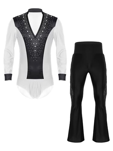 Fldy Herren Latein Standard Tanz Kostüm Hemd Hose Set Strass Hemdbody Schlaghose Wettbewerb Performance Modern Dancewear Weiß&Schwarz M