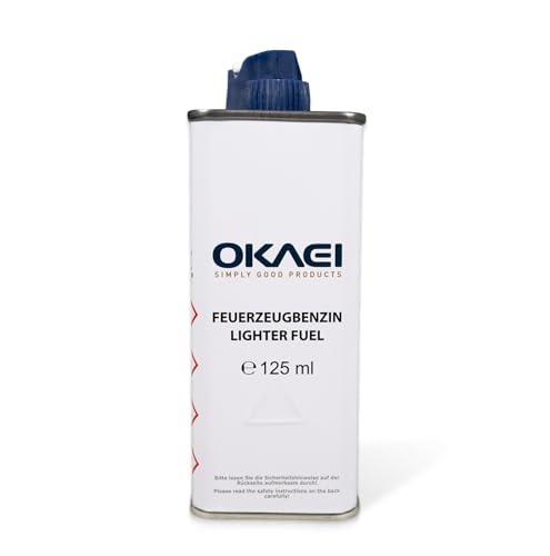 OKAEI Feuerzeugbenzin 125 ml – Hochreines Benzin für Feuerzeuge & Stabfeuerzeuge – Saubere Verbrennung, Schnelles Zünden, Geringer Geruch – Made in EU