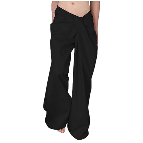 Leggings Strumpfhose Damen Lässige Hose mit lockerer Passform für Damen, hohe Taille, schlankmachende Hose mit einzigartigem asymmetrischem Design bequemem Fall Leggins Hose Damen Schwarz (Black, L)