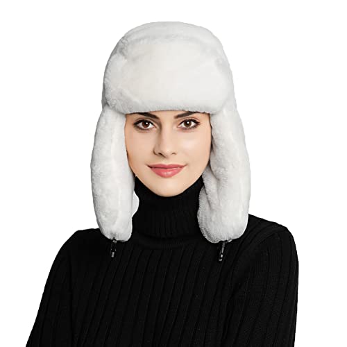 Malaxlx Damen Wintermütze Weiß Plüsch Fliegermütze Warme Fellmütze Pelzmütze Trappermütze Ohrenklappe Mütze Winddicht Kunstfellmütze Russische Kosaken Mütze Skimütze