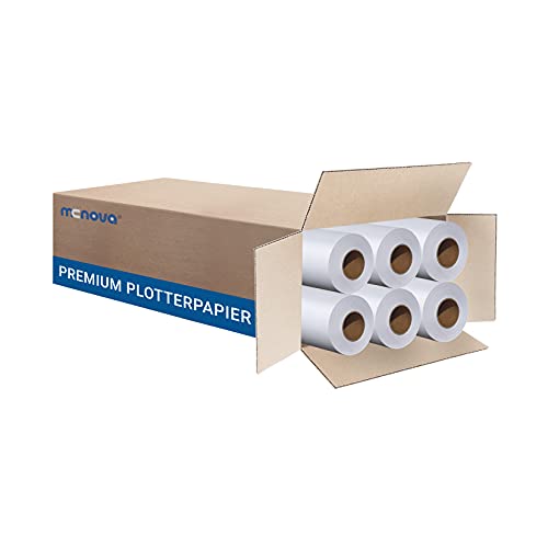 MC NOVA Plotterpapier ungestrichen 90g/m² | 841mm x 50m | 6 Rollen | Kern 2" | Hohweiße Plotterrolle + Ideal für CAD-Drucke, Pläne, Skizzen