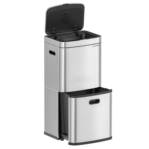 SONGMICS Mülleimer Küche, Mülltrennsystem 3 Fächer, 2 x 10 L und 30 L, Abfalleimer aus Stahl, platzsparend, Inneneimer, Kohlefilter, 39,5 x 29,8 x 80,2 cm, metallicsilber LTB551E50