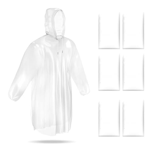 Wenrecu 6 Stück Einweg Regenponcho Damen Herren, Durchsichtig Regencape Regenschutz mit Tunnelzug Kapuze und Elastische Manschette,Wasserdicht