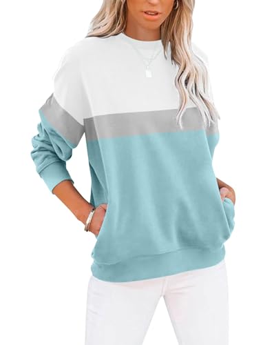 Cuptacc Pullover Damen Elegant Farbblock Langarm Sweatshirt Damen Rundhals Color Block Oberteile Taschen Pulli Blau XL 46-48