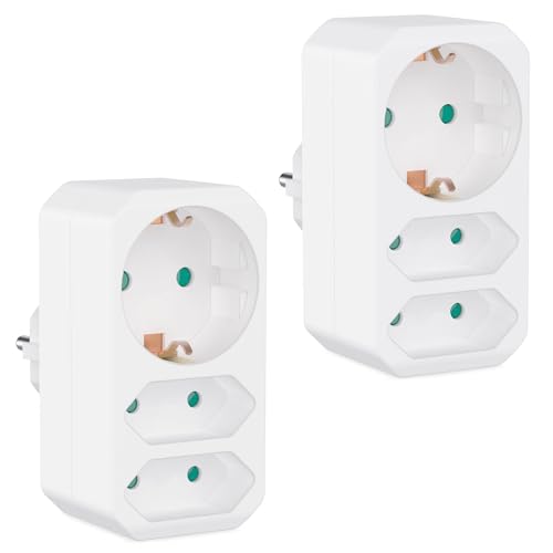 benon 2er Set Mehrfachstecker Weiß - Steckdosen-Adapter mit Kindersicherung - Doppelstecker 3680W - Multistecker 3Fach - Mehrfachsteckdose 2 Euro und 1 Schuko - Stecker mit Schutzkontakt Steckdose